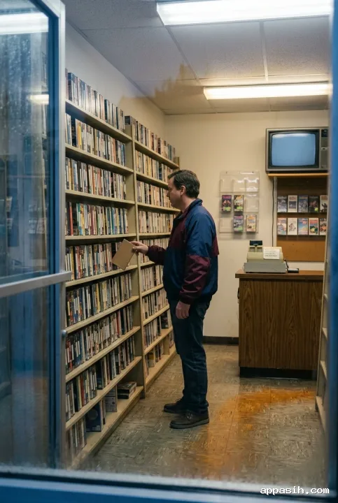 Customer selecting an unbranded cassette case inside the same 1980s neighborhood video rental shop as rain streaks the storefront glass.
