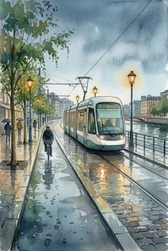Watercolor painting of a modern electric tram traveling along wet tracks beside a bicycle lane in a rainy riverside city district.