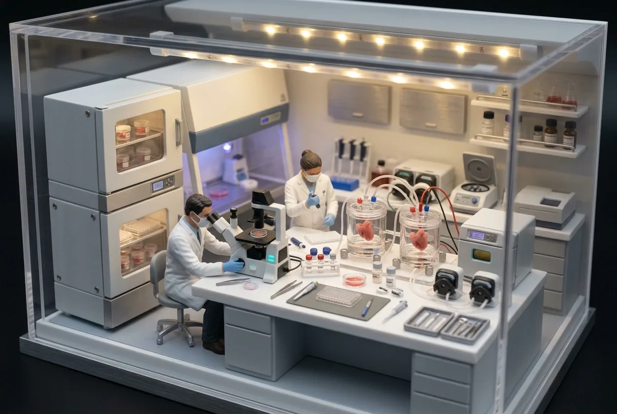 3D miniature diorama of scientists studying cardiac organoids in a biomedical laboratory with culture vessels, microscopes, and sterile research equipment.