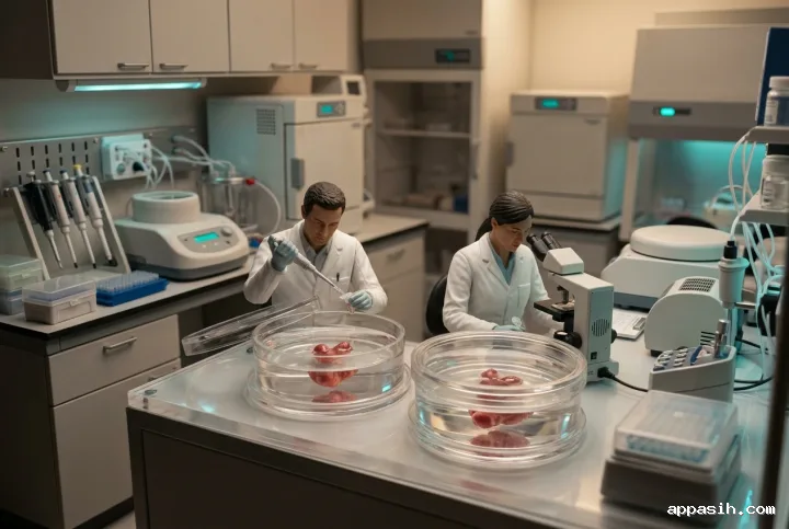 Close three-quarter view of a 3D miniature biomedical laboratory diorama with two scientists studying cardiac organoids in transparent culture vessels beside a microscope and sterile equipment.