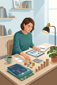 Vector illustration of a small business owner planning cash flow with coin stacks, expense folders, payment cards, and rising financial blocks at a studio desk.
