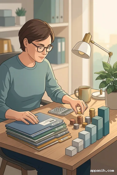Close three-quarter vector illustration of the same small business owner arranging coins during cash flow planning at a desk with expense folders and rising financial blocks.