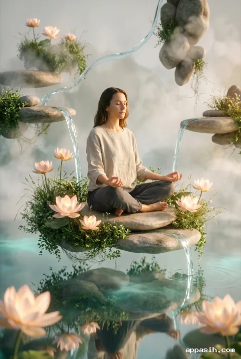 Closer surreal portrait of a woman meditating in the same floating lotus garden with hovering stones, curved streams of water, soft mist, and luminous flowers.