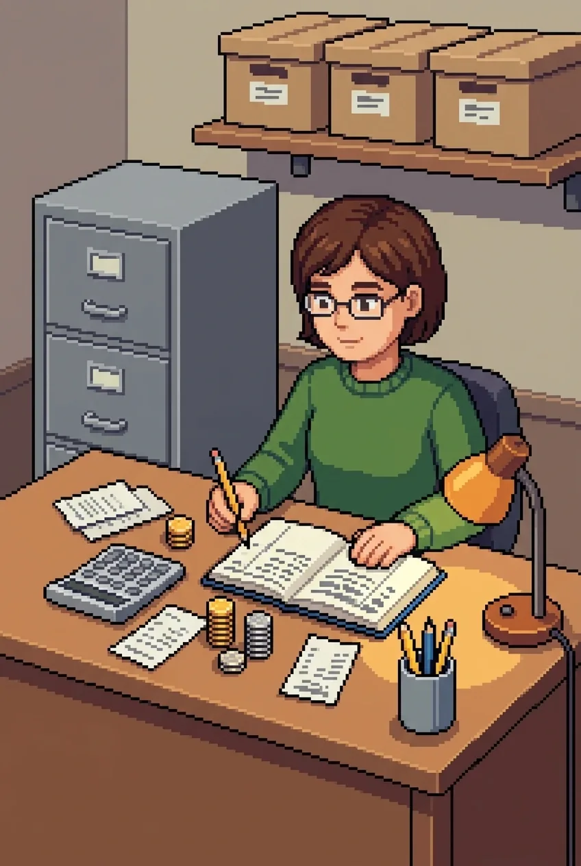 Retro pixel art of a small business owner reviewing cash flow at an office desk with coin stacks, a calculator, receipts, and an open ledger.