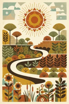 Abstract retro illustration of a floating geometric sun above layered botanical shapes, curved paths, and patterned garden terraces.