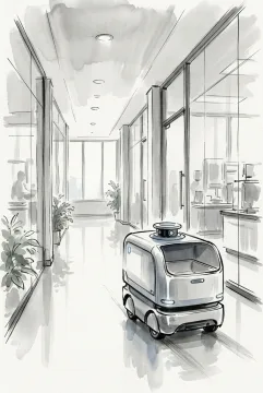 Autonomous indoor delivery robot moving through a smart research corridor in a monochrome Ink Wash drawing with soft blue-gray sensor accents.