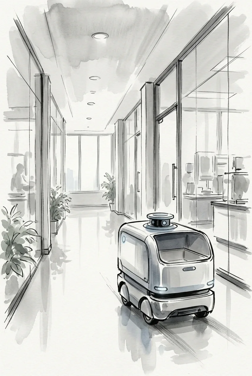 Autonomous indoor delivery robot moving through a smart research corridor in a monochrome Ink Wash drawing with soft blue-gray sensor accents.