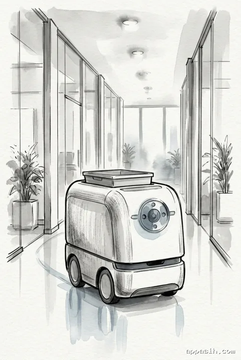 Closer three-quarter view of an autonomous indoor delivery robot navigating the same smart research corridor in a textured Ink Wash drawing with restrained blue-gray sensor light.