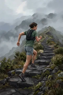 Trail runner climbing volcanic stone steps on a misty mountain ridge in a textured digital painting.