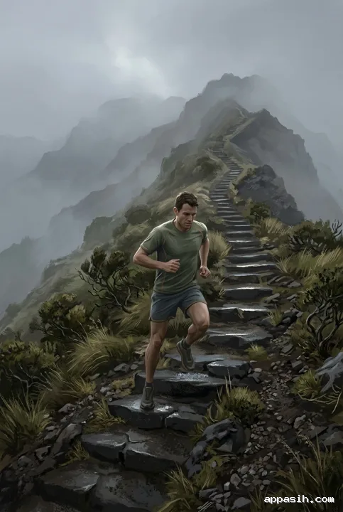Trail runner viewed from a low three-quarter angle while ascending misty volcanic mountain steps in a richly textured digital painting.