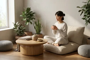 3D render of an adult practicing a mindful herbal tea ritual beside a low wooden table, indoor plants, cushions, and warm morning light in a serene wellness nook.