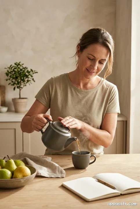 Woman pouring tea beside pears and a blank notebook during a quiet morning ritual in a softly lit studio kitchen.
