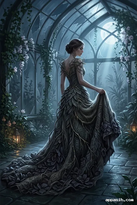 Closer three-quarter view of a fashion model in the same thornweave fantasy gown inside a moonlit ruined glass conservatory, with detailed botanical textures and wet stone reflections.