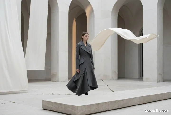 Fashion model in the same sculptural charcoal tailored coat walking through a surreal pale stone courtyard as ivory fabric panels float between tall arches.
