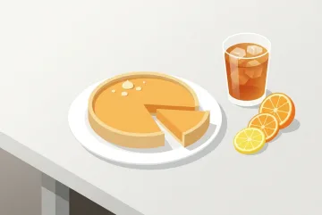 Minimalist graphic citrus tart with a separated slice, iced tea, and fresh orange and lemon slices on a clean café table.