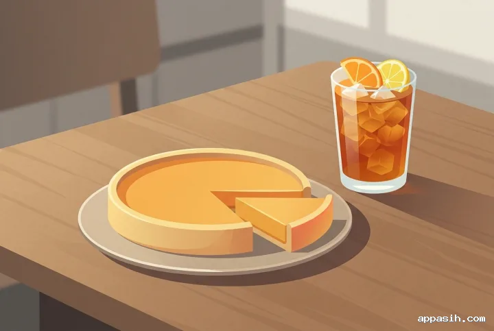 Close three-quarter minimalist graphic view of a citrus tart, iced tea, and citrus slices on a softly lit café table.