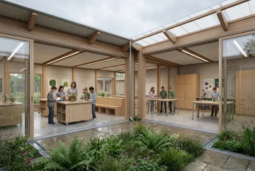 3D architectural visualization of students using science stations inside a modular learning pavilion beside a rain garden on a rainy day