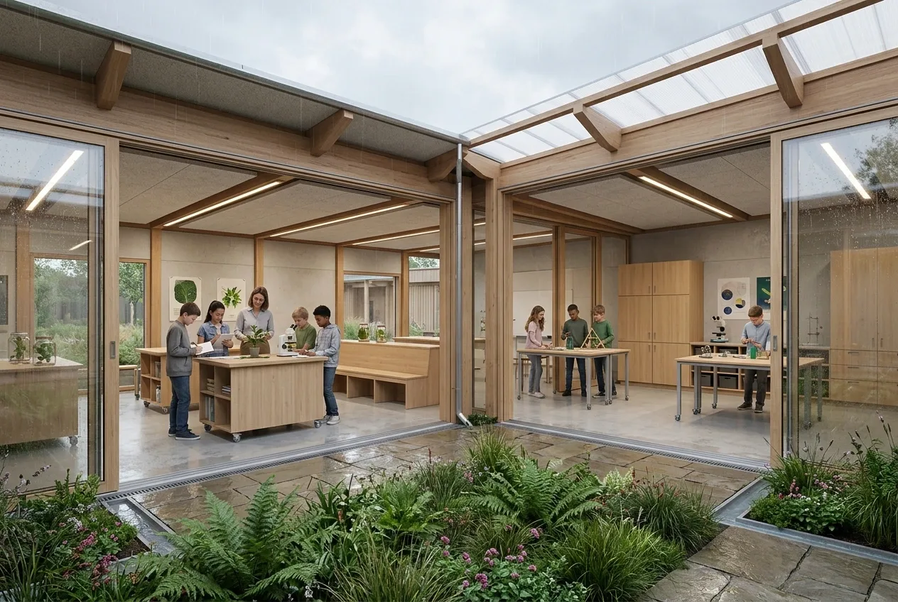 3D architectural visualization of students using science stations inside a modular learning pavilion beside a rain garden on a rainy day