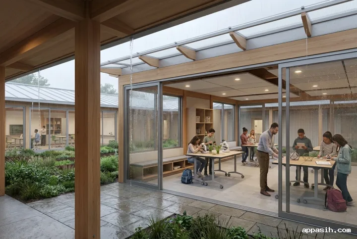 Detailed 3D architectural visualization of students conducting science activities inside the same timber modular learning pavilion overlooking a rainy garden courtyard