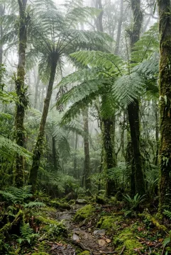 Tall green tree ferns surrounded by mossy trunks and wet foliage in a mist-covered mountain cloud forest at dawn.