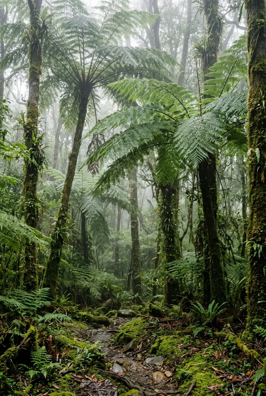 Tall green tree ferns surrounded by mossy trunks and wet foliage in a mist-covered mountain cloud forest at dawn.