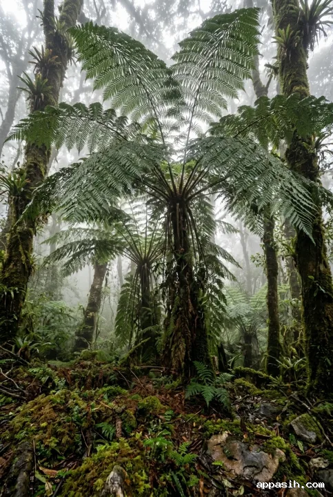 Close portrait view of tall tree ferns with dew-covered fronds, mossy trunks, and soft dawn mist inside a mountain cloud forest.