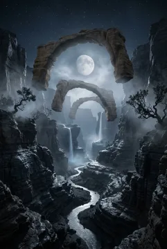 Surreal moonlit canyon with floating stone arches above a winding silver river surrounded by misty cliffs.