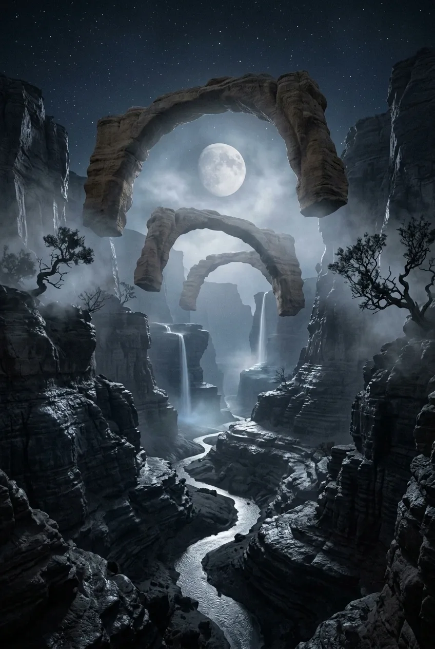 Surreal moonlit canyon with floating stone arches above a winding silver river surrounded by misty cliffs.