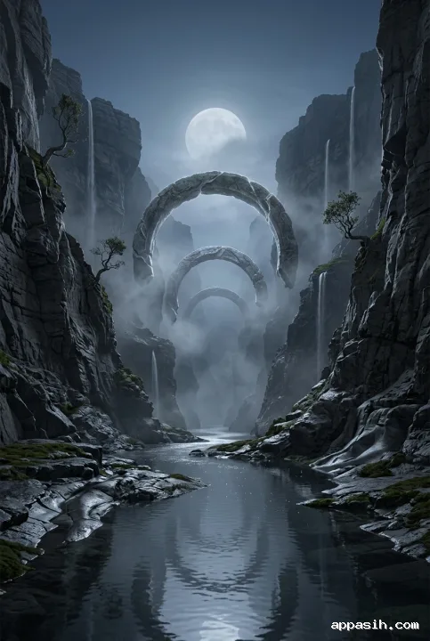 Detailed surreal moonlit canyon with three floating stone arches, reflective silver river, waterfalls, wet cliffs, and drifting luminous mist.