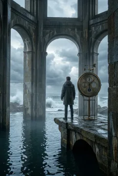 Lone stormwatcher standing inside a flooded coastal observatory beneath towering arches as dark storm clouds approach over the ocean.