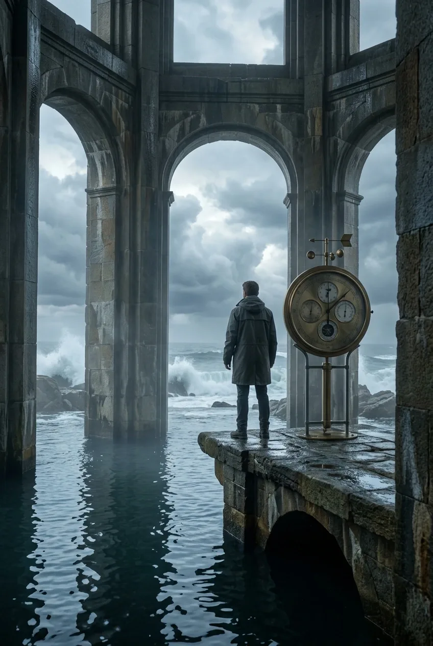 Lone stormwatcher standing inside a flooded coastal observatory beneath towering arches as dark storm clouds approach over the ocean.