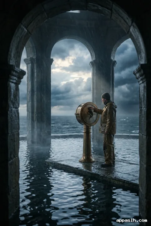 Stormwatcher adjusting a brass weather instrument inside a flooded coastal observatory as rain, sea mist, and an approaching storm fill the cinematic scene.