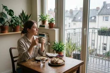 Young adult having breakfast at a wooden table beside a rain-covered apartment balcony with indoor plants and soft natural morning light.