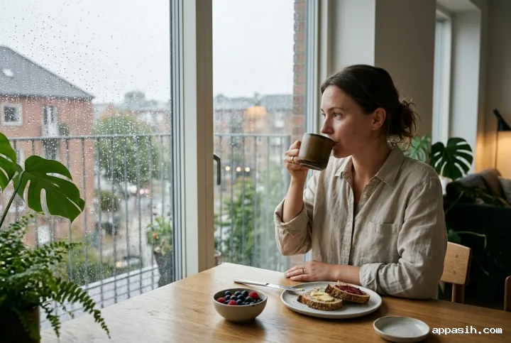 Young adult lifting a ceramic mug during a rainy apartment breakfast beside a balcony, surrounded by indoor plants and soft overcast morning light.