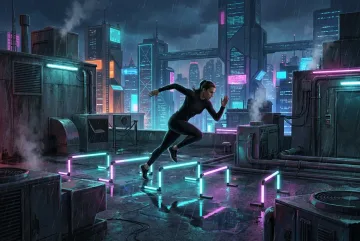 Cyberpunk sprinter training with glowing agility hurdles on a rainy futuristic rooftop above a neon city.