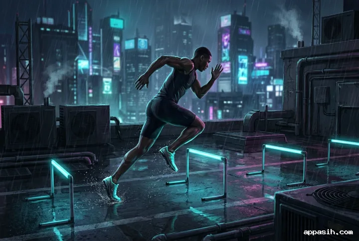 Low three-quarter view of a cyberpunk sprinter accelerating through glowing rooftop agility hurdles in rain above a neon city.