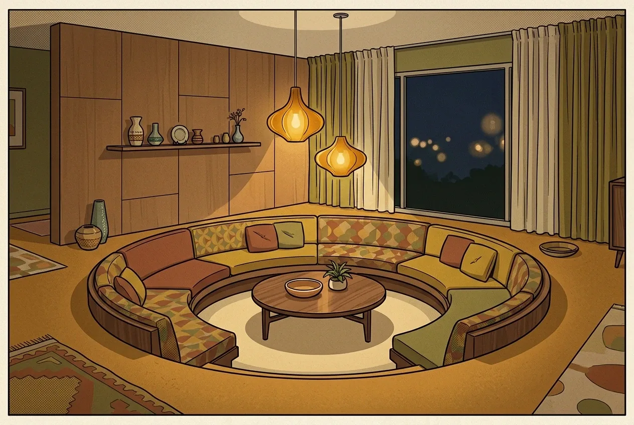 Retro illustration of a sunken conversation lounge with curved rust and olive seating, a round walnut table, amber pendant lamps, and geometric wood wall panels.