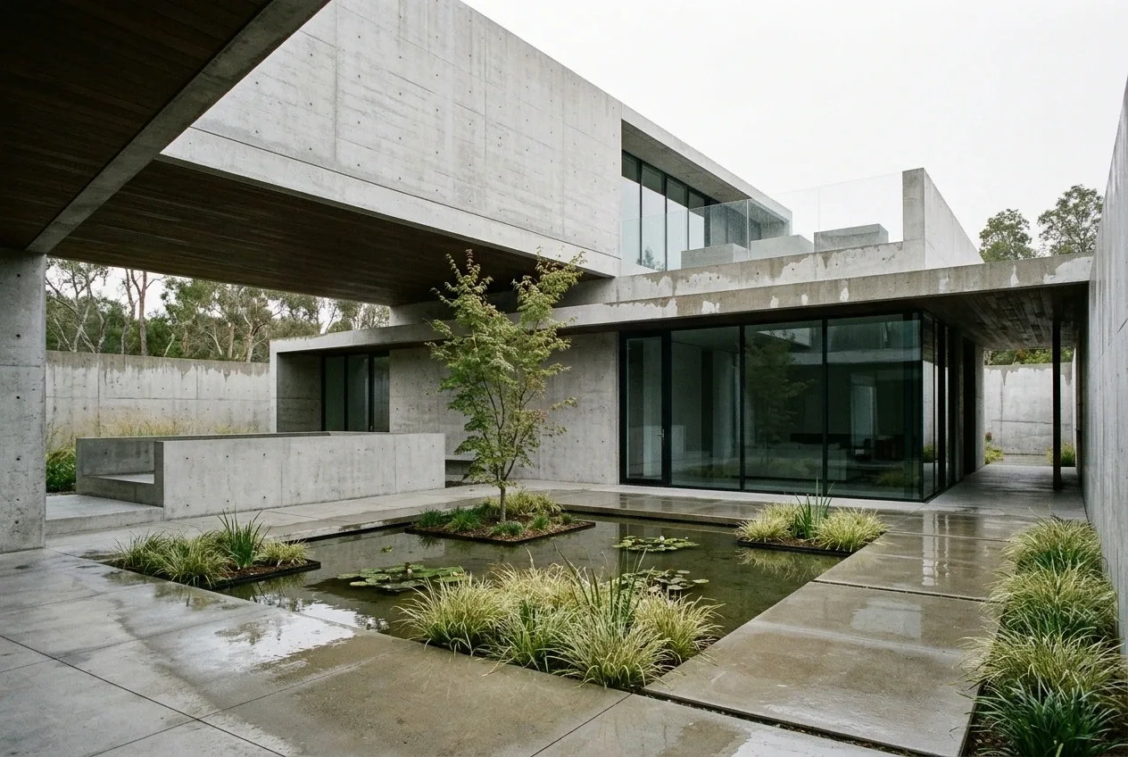 Minimalist graphic cantilevered concrete courtyard house surrounding a reflective rain garden with geometric terraces and a slender central tree.