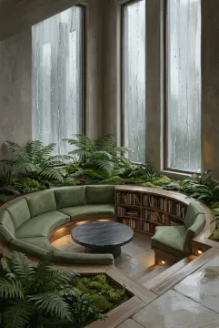Rainlit sunken reading lounge surrounded by an indoor fern garden with warm lighting, curved seating, textured plaster walls, and tall windows in portrait concept art.