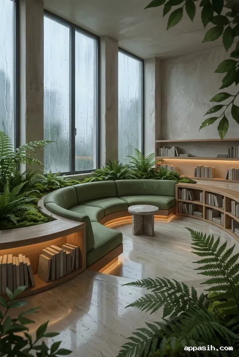 Closer three-quarter view of a rainlit sunken reading lounge with curved moss seating, indoor ferns, stone surfaces, warm recessed lighting, and tall windows in portrait concept art.