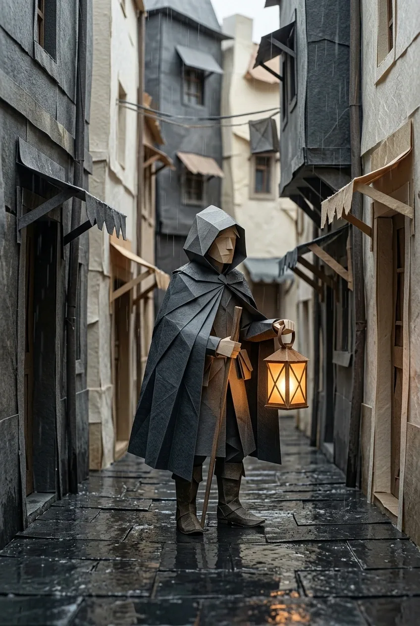 Origami lantern keeper in a charcoal folded-paper cloak carrying a warm geometric lantern through a rainy handmade paper alley.