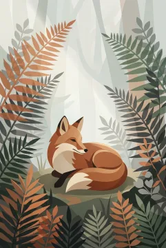 Abstract graphic red fox curled among layered geometric ferns in a misty woodland clearing.
