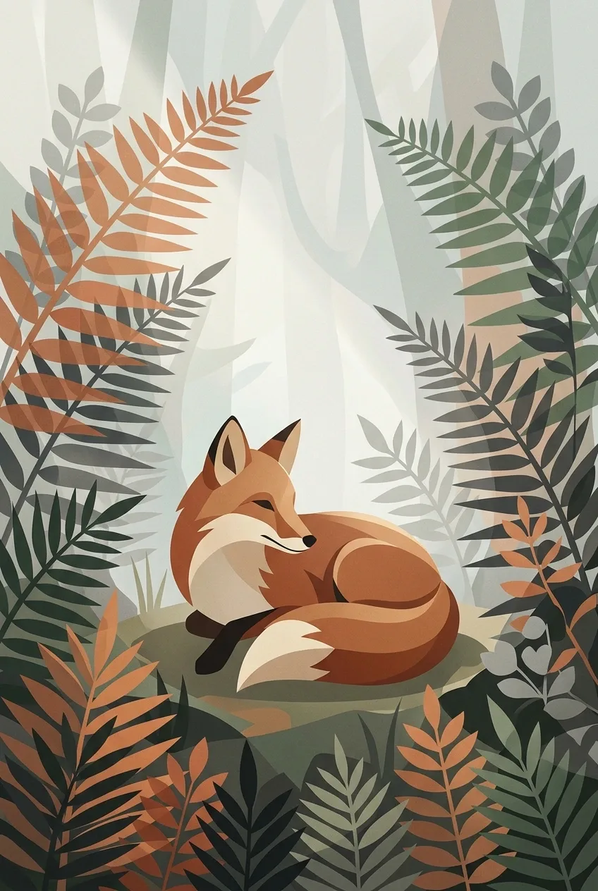 Abstract graphic red fox curled among layered geometric ferns in a misty woodland clearing.