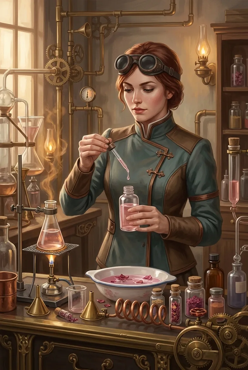 Steampunk beauty alchemist holding a dropper over rosewater serum at an ornate brass cosmetic vanity with copper machinery and amber vapor.