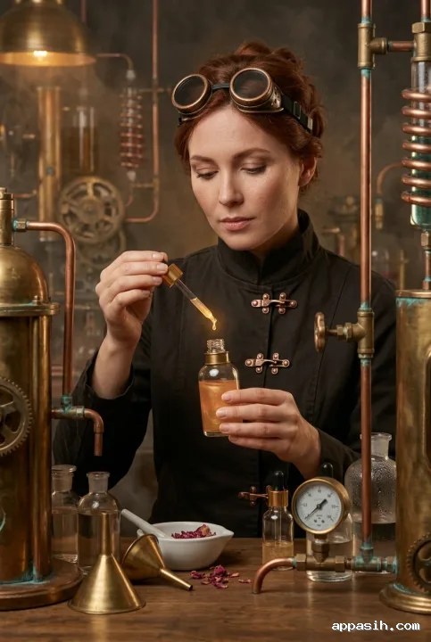 Closer portrait of the same steampunk beauty alchemist dispensing rosewater serum at a brass vanity surrounded by copper pipes, glass cosmetics, gears, and warm amber vapor.