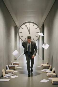 Surreal office worker carrying an oversized floating clock through a narrow corporate corridor as a metaphor for deadline pressure and workload.