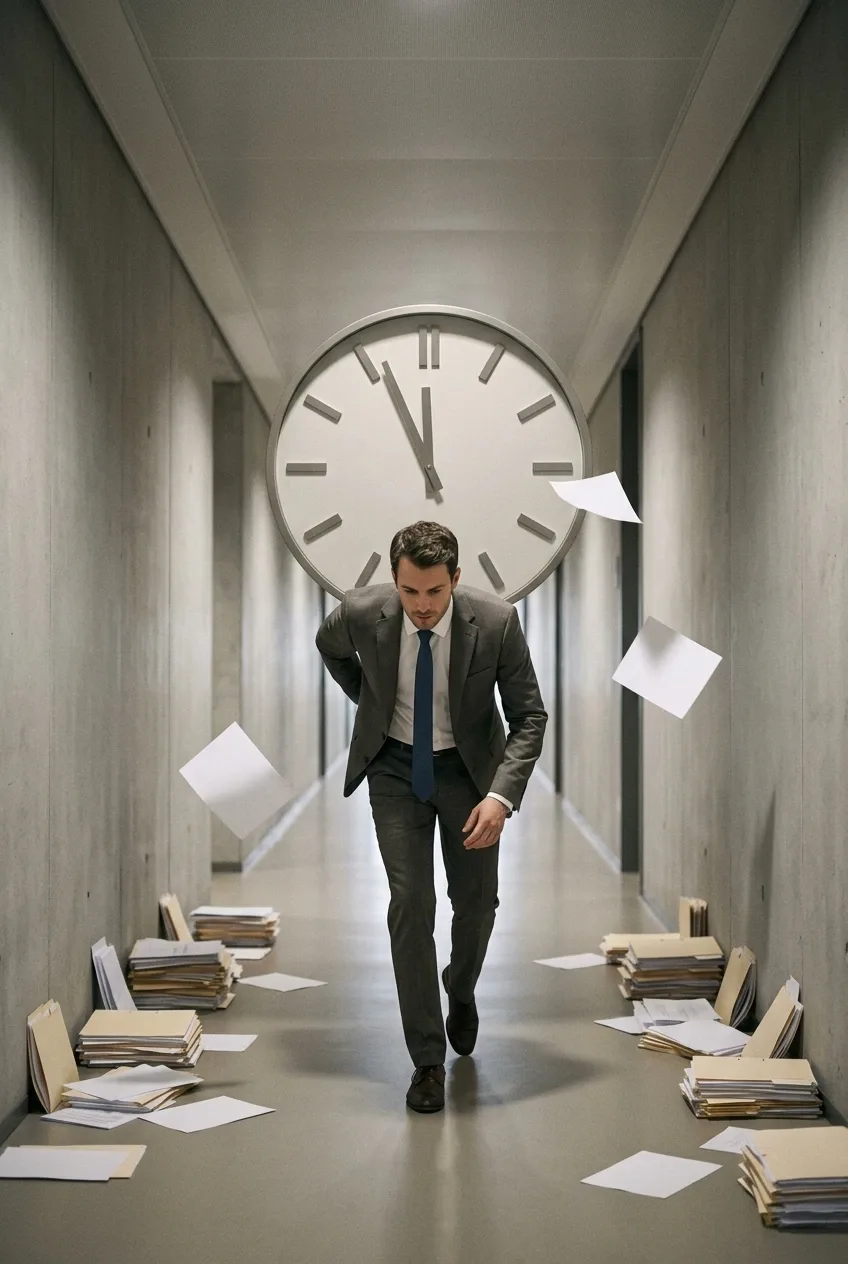 Surreal office worker carrying an oversized floating clock through a narrow corporate corridor as a metaphor for deadline pressure and workload.