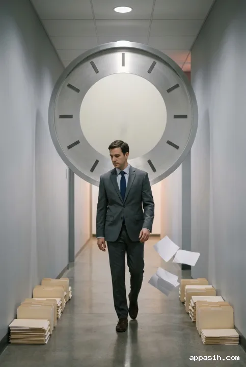 Surreal office worker beneath a giant floating clock in a corporate corridor, with drifting papers symbolizing deadline pressure and workplace time anxiety.