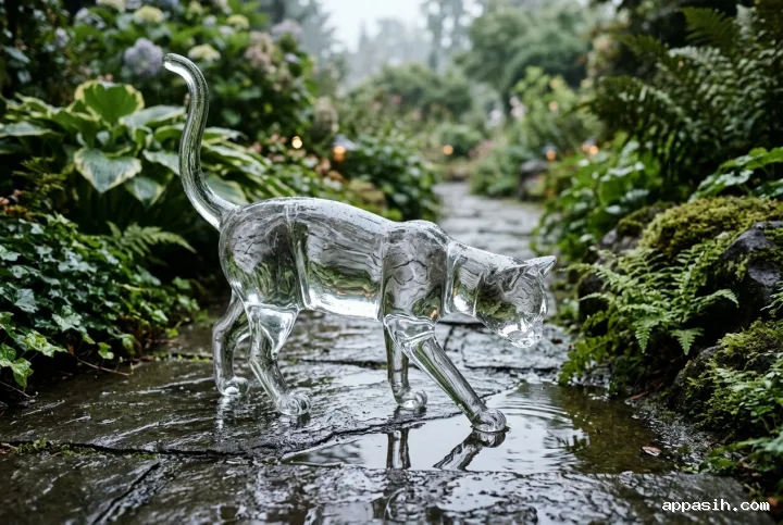 Translucent glass cat lowering its head toward a reflective puddle on the same rainy garden path, surrounded by wet foliage in a detailed Glass / Translucent 3D style.