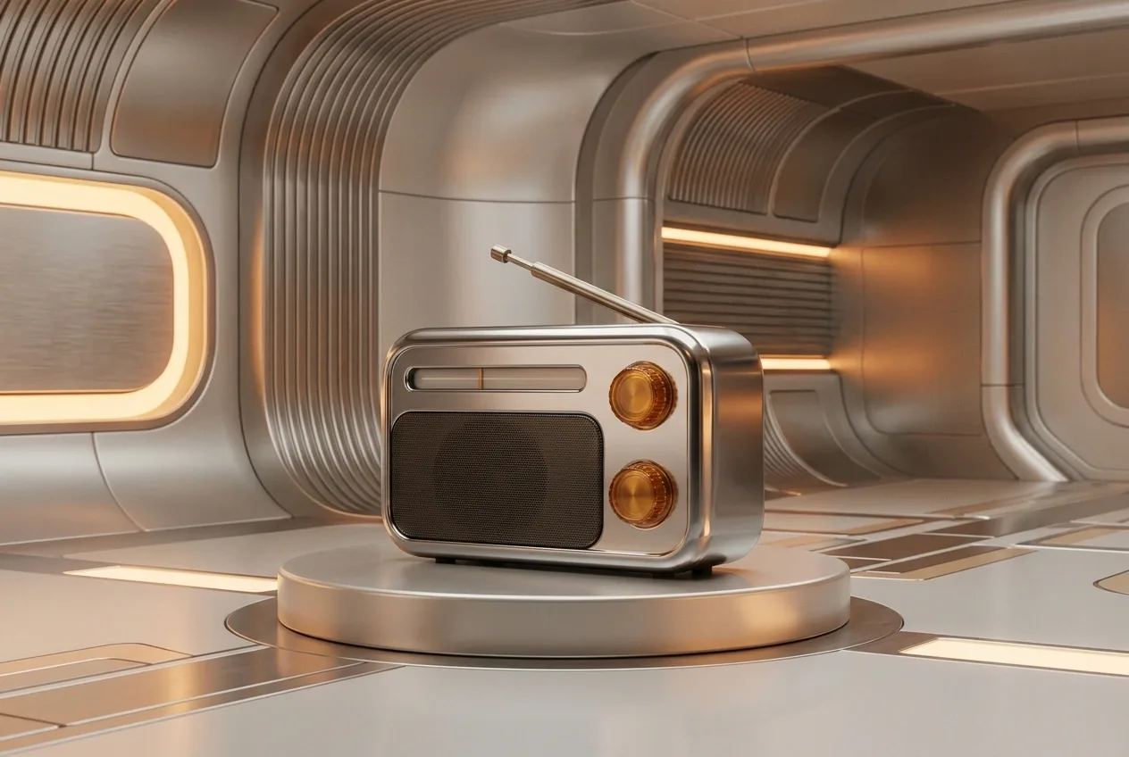 Chrome portable radio with amber controls displayed on a circular pedestal in a retro-futuristic metallic showroom.